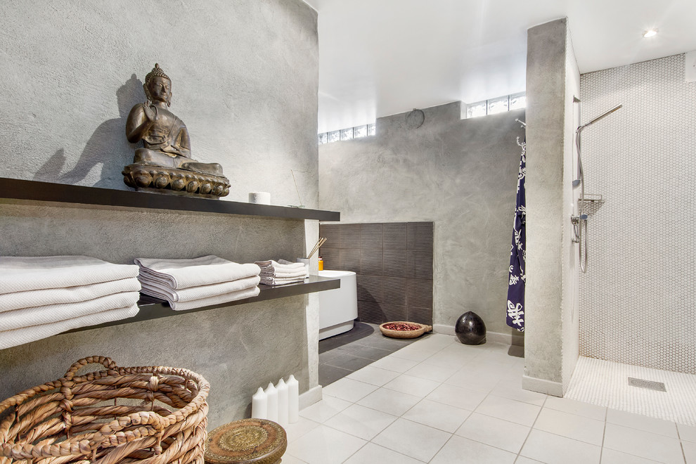 Large asian master bathroom in Stockholm with open cabinets, grey cabinets, an open shower, gray tile, mosaic tile, grey walls, ceramic floors and an open shower.