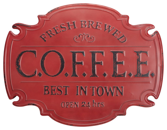 Large Vintage Style Red Coffee Sign Metal Wall Decor With Emblem Shape