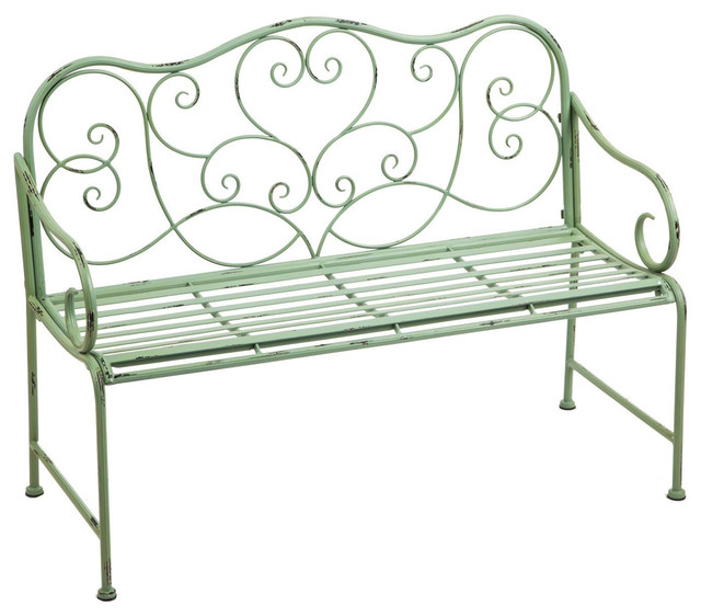 Light Green Scroll Indoor Outdoor Metal Bench Mediterranean