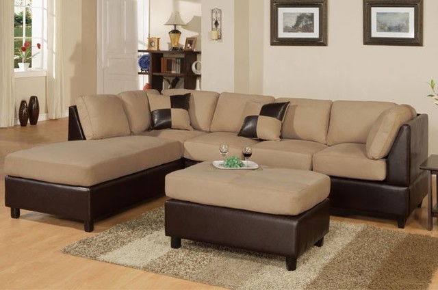 3 Pieces Hazelnut Microfiber Reversible Sectional Sofa Set Ottoman