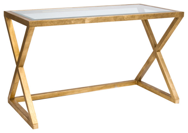 Vanessa Hollywood Regency Gold Leaf Glass Small Desk