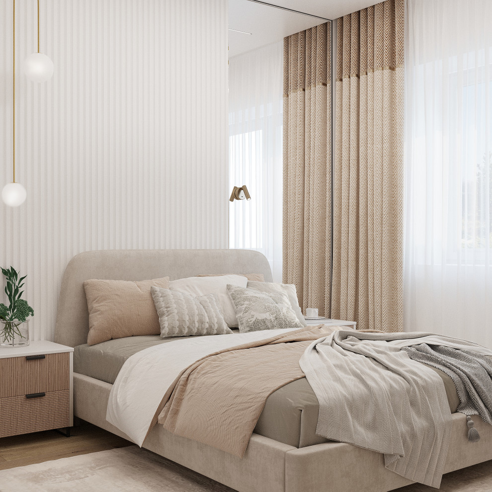 Ejemplo de dormitorio principal contemporáneo pequeño con paredes blancas, suelo vinílico y suelo marrón