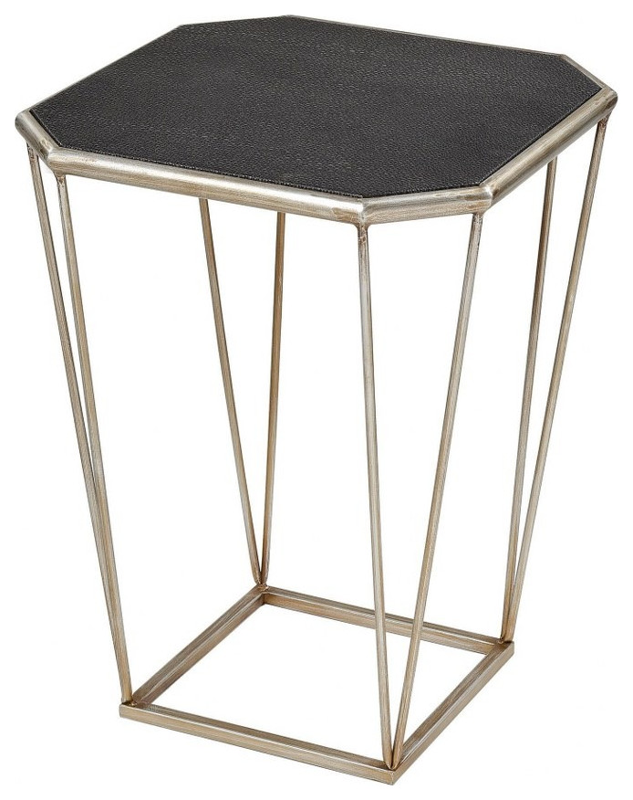 Octagonal Leather Top Indoor Accent Table in Antique Silver and Black Metal