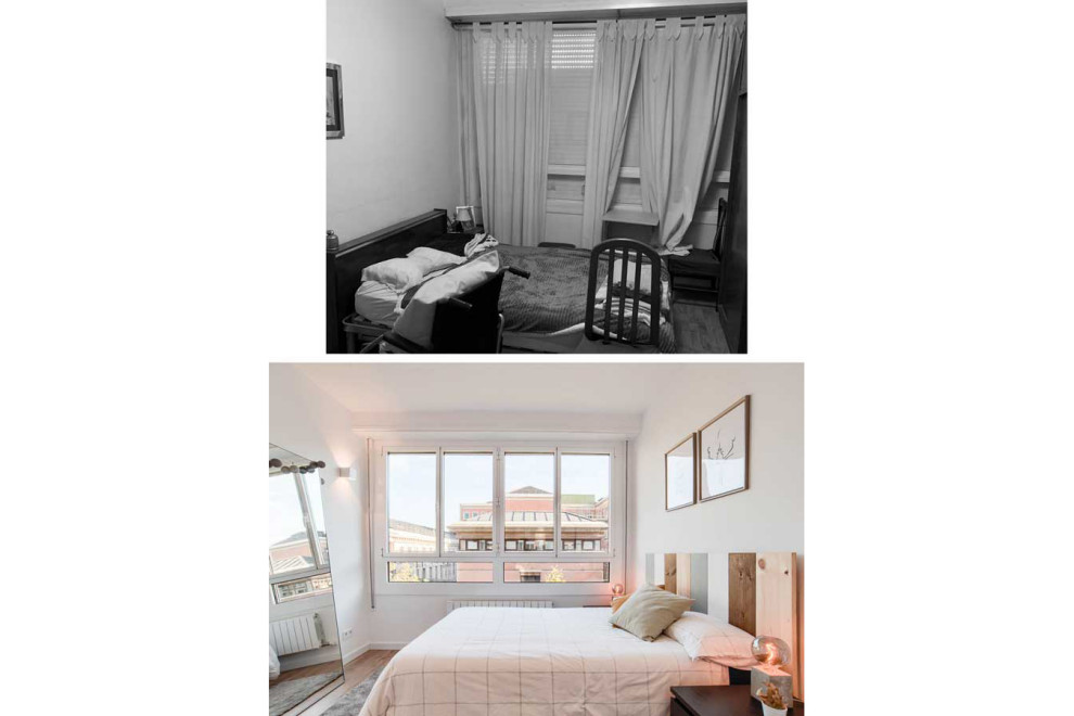 Design ideas for a medium sized scandinavian master bedroom in Barcelona with white walls, medium hardwood flooring and brown floors.