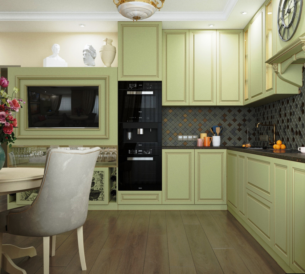Кухня в оливковых тонах с винным шкафом, стиль новая классика