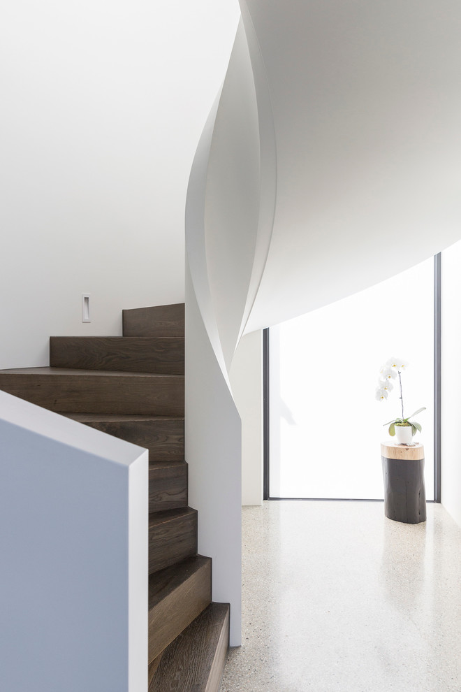 Inspiration for a mid-sized contemporary wood curved staircase in Melbourne with wood risers.