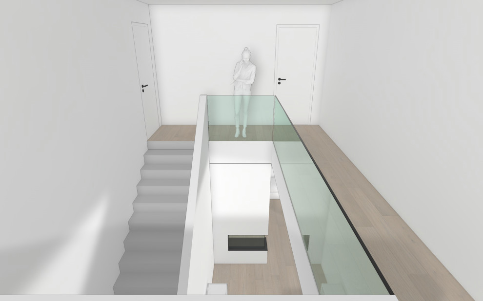 Aménagement d'un escalier droit moderne en béton de taille moyenne avec des contremarches en béton et un garde-corps en verre.