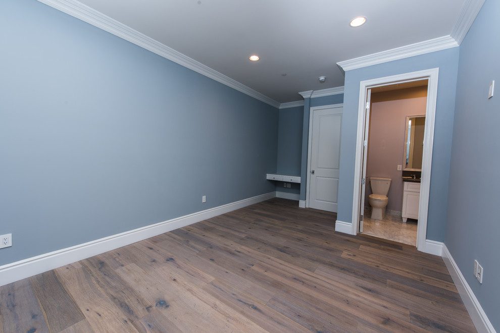 Inspiration pour une chambre d'amis design de taille moyenne avec un mur bleu et parquet foncé.