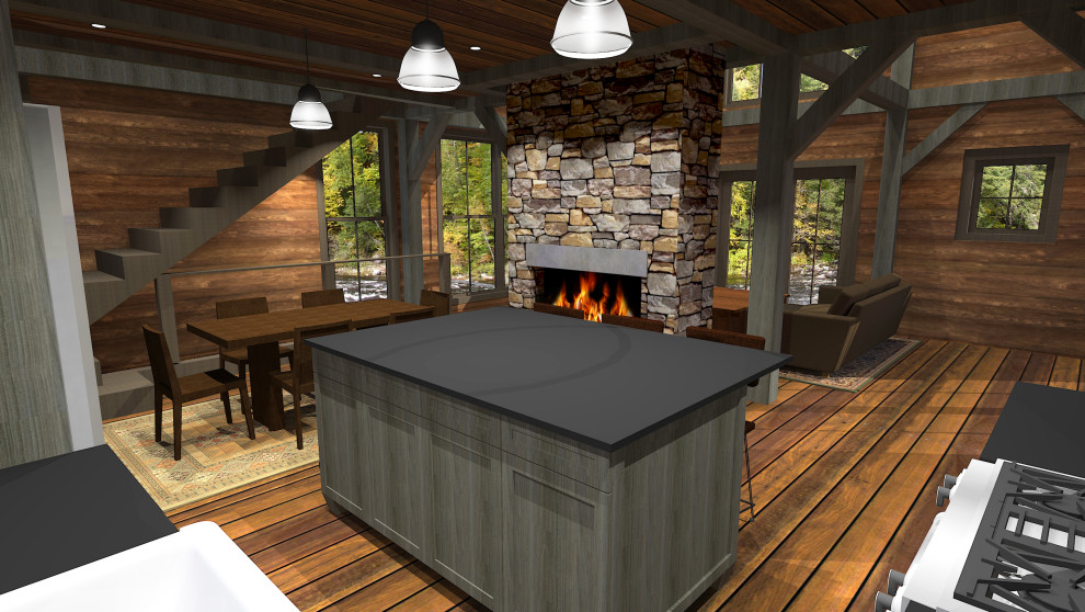 Inspiration for a small rustic l-shaped medium tone wood floor and brown floor eat-in kitchen remodel in Boston with a farmhouse sink, shaker cabinets, medium tone wood cabinets, soapstone countertops, wood backsplash, an island and black countertops