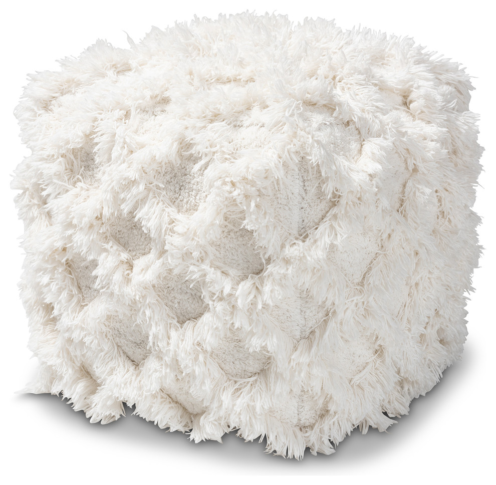 Pitara Moroccan Inspired Handwoven Cotton Fringe Pouf Ottoman, Ivory