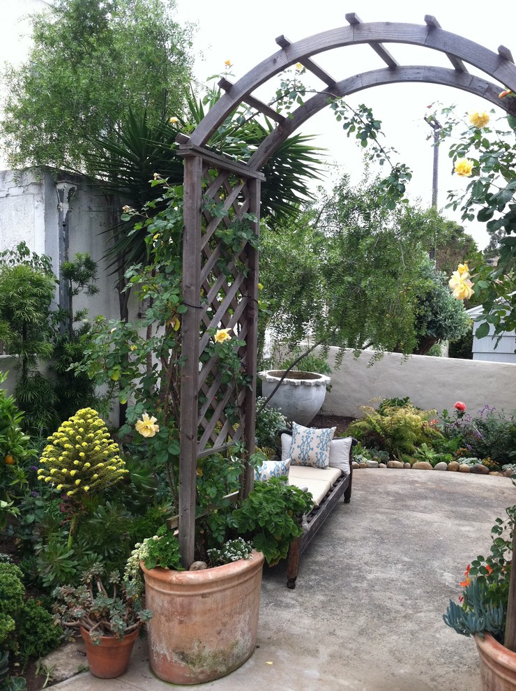 Esempio di un patio o portico stile rurale di medie dimensioni e dietro casa con un giardino in vaso, pavimentazioni in cemento e una pergola