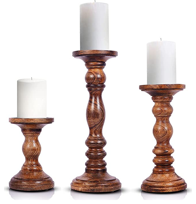 Hand Carved Mango Wood Candle Holders for Pillar Candles Set of 3 ...