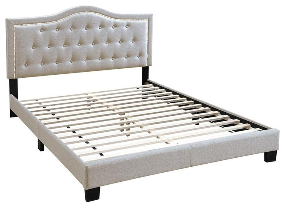 Upholstered Bed Frame with Tufted Button Nailhead Headboard Beige