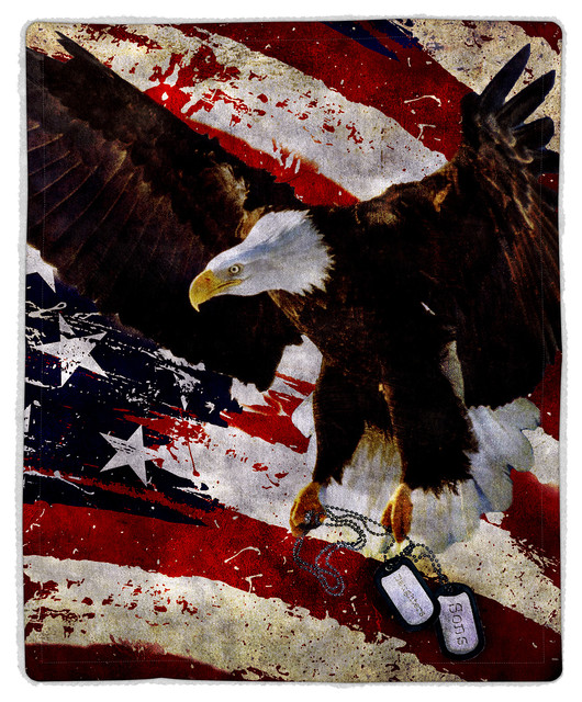 Sherpa Fleece Throw Blanket, American Flag Bald Eagle Print, by Lavish Home