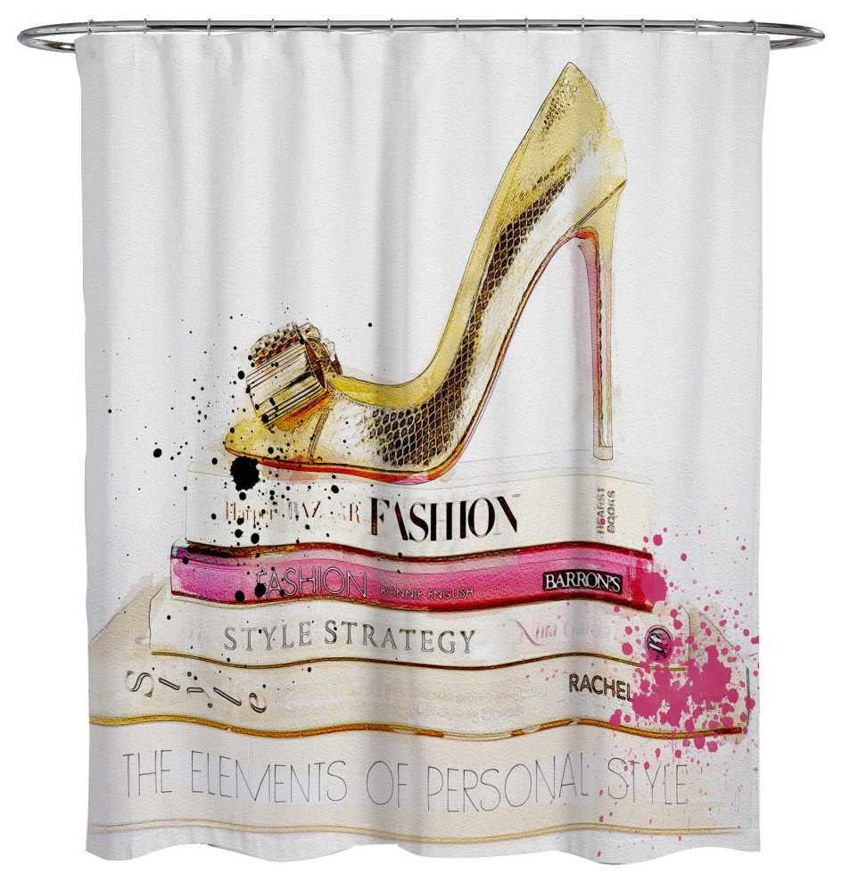 Oliver Gal High Heel Books Printed Fabric Shower Curtain, 74"x71", Gold