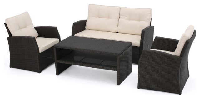 Gdf Studio 4 Piece Del Norte Outdoor Wicker Chat Beige Water Resistant Set Tropical Outdoor Lounge Sets By Gdfstudio