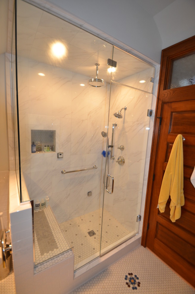 Inspiration for a small transitional master white tile and ceramic tile ceramic tile bathroom remodel with recessed-panel cabinets, dark wood cabinets, a two-piece toilet, white walls, an undermount sink and quartz countertops