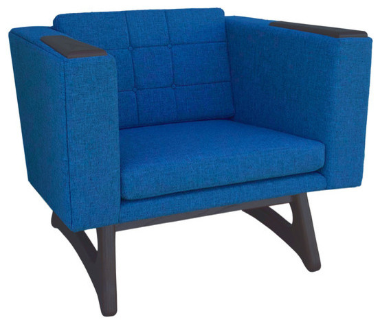 Mid Century Modern Handcrafted Club Lounge Accent Chair Bright Blue Dark Wood T