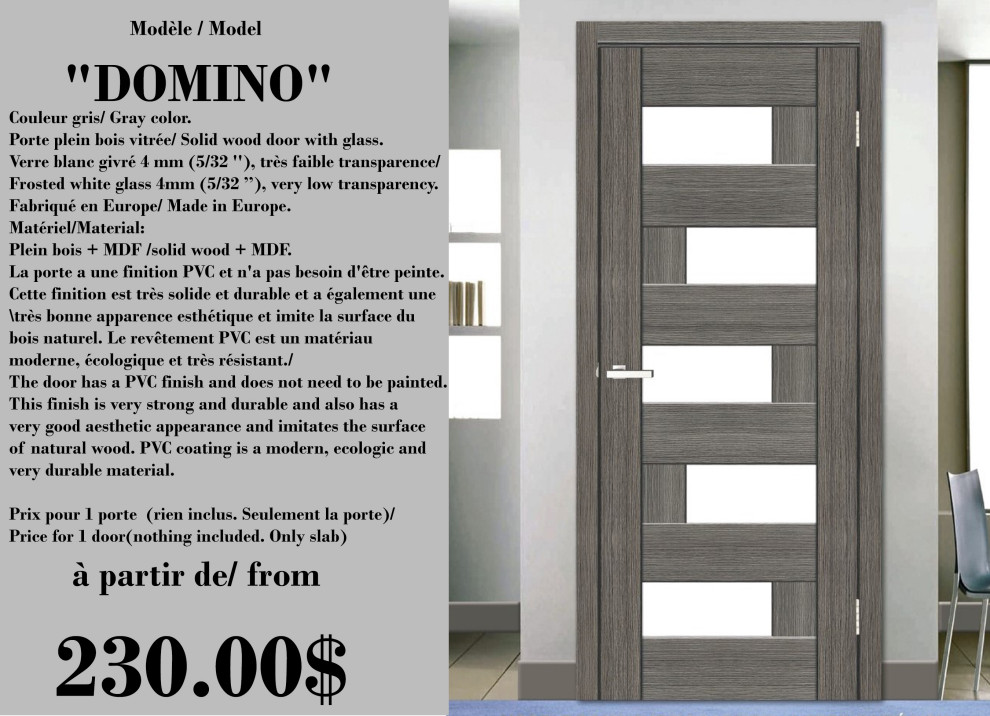 Interior door "DOMINO'', gray, 5 glasses, from 28" to 36"x 80"