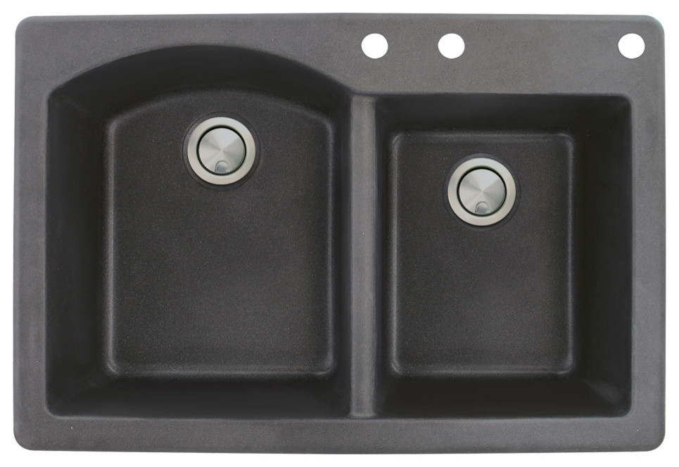 Aversa 33" silQ Granite Drop-in Double Bowl Kitchen Sink with 3 Holes in Black