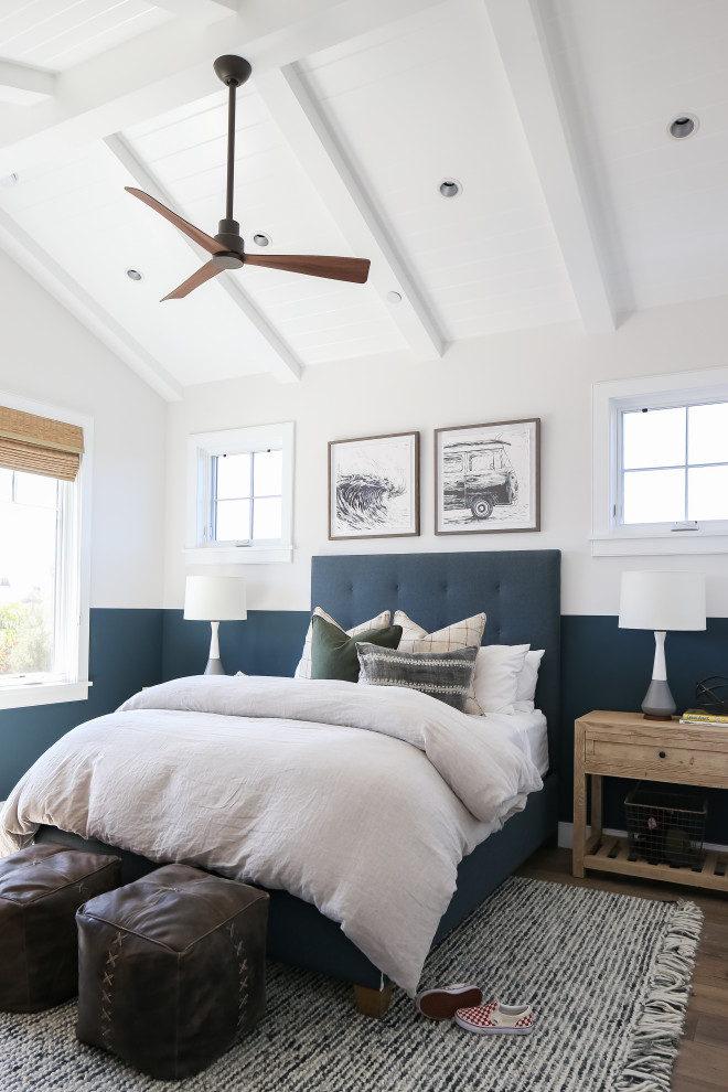 This is an example of a mid-sized transitional guest bedroom in Orange County with blue walls, medium hardwood floors, no fireplace and beige floor.