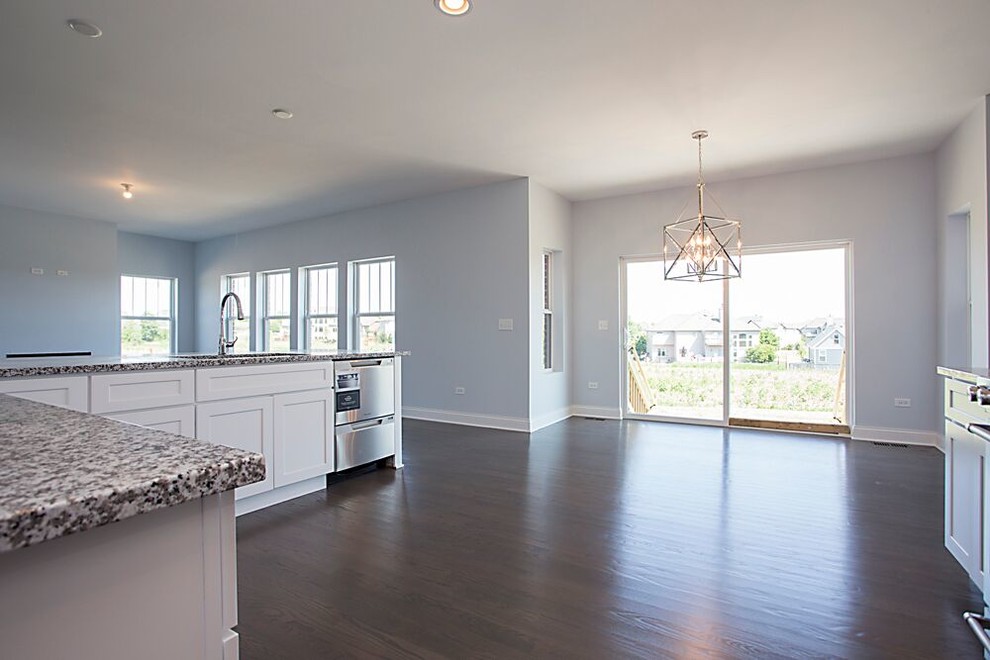 Example of a large transitional single-wall dark wood floor and brown floor kitchen design in Chicago with an undermount sink, recessed-panel cabinets, white cabinets, granite countertops, stainless steel appliances and no island