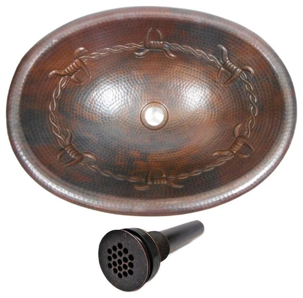 Oval Copper Bathroom Sink in Aged Copper with Barbed Wire Design & 19