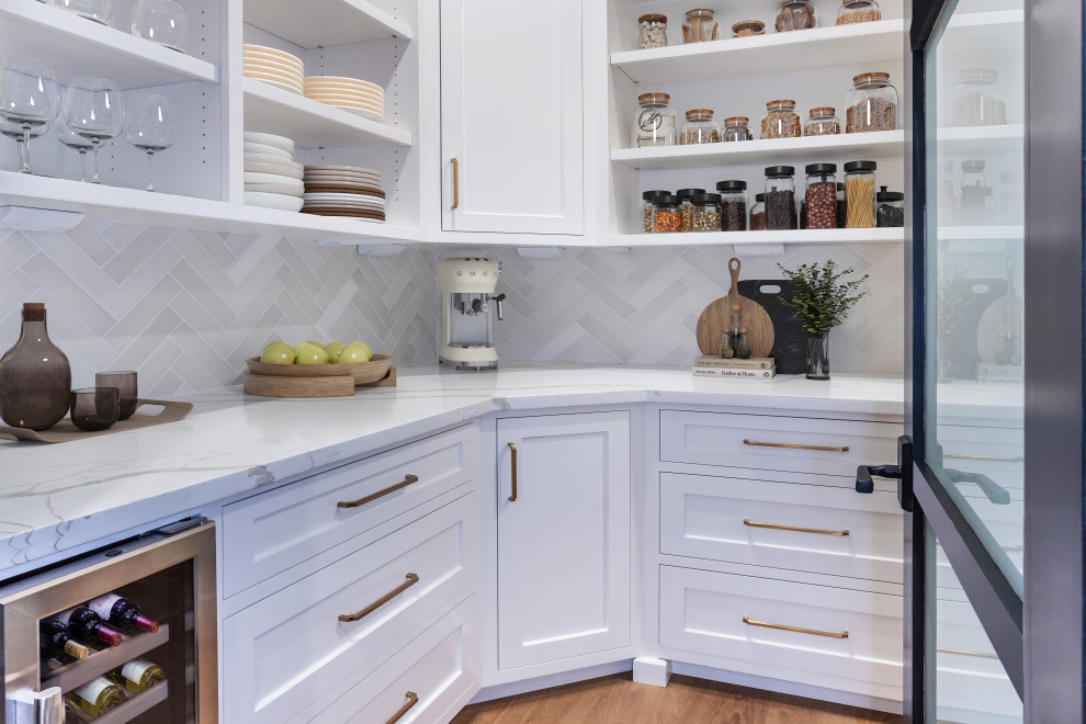 White Shaker Cabinets & Open Display Shelving Kitchen | French Country Transitio