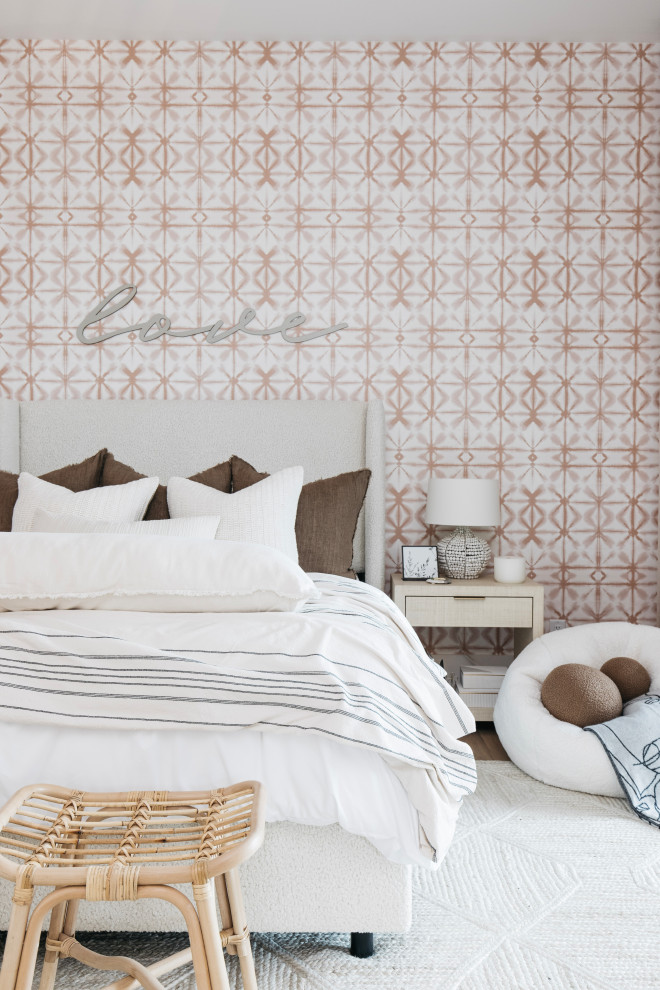 Bedroom - large transitional master light wood floor, beige floor, shiplap ceiling and wall paneling bedroom idea in Phoenix with white walls