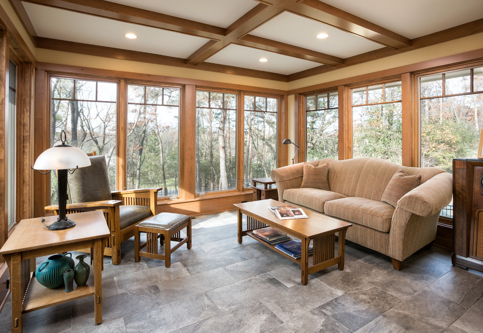Design ideas for a large sunroom in Minneapolis with ceramic floors, no fireplace, a standard ceiling and grey floor.