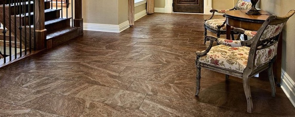 Front door - mid-sized laminate floor front door idea in Chicago with beige walls and a dark wood front door