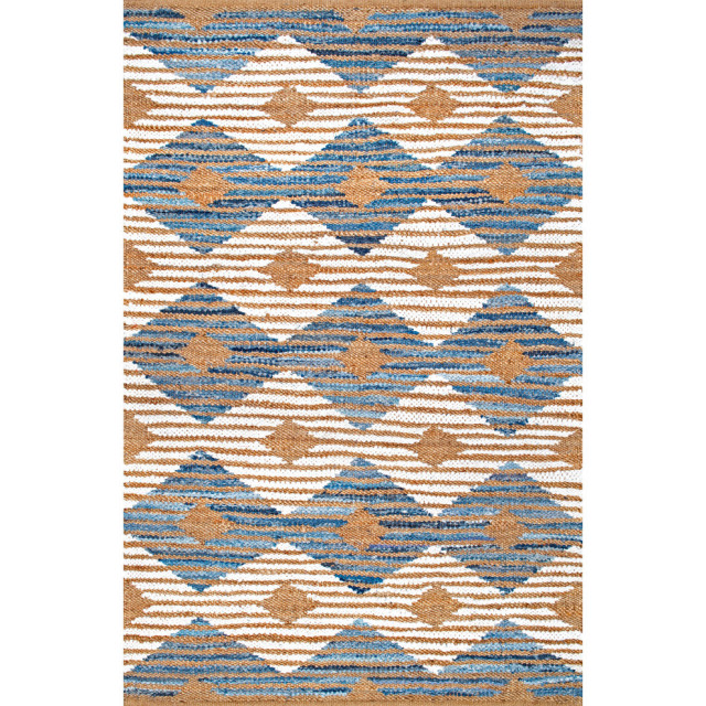Hand Braided Denim and Jute Striped Diamonds Area Rug, 3'x5' Scandinavian Area Rugs by