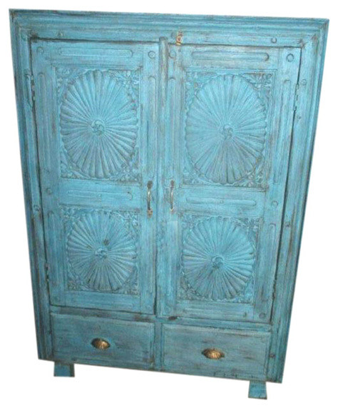 Consigned Antique Armoire Chakra Rustic Carved Blue Patina Cabinet