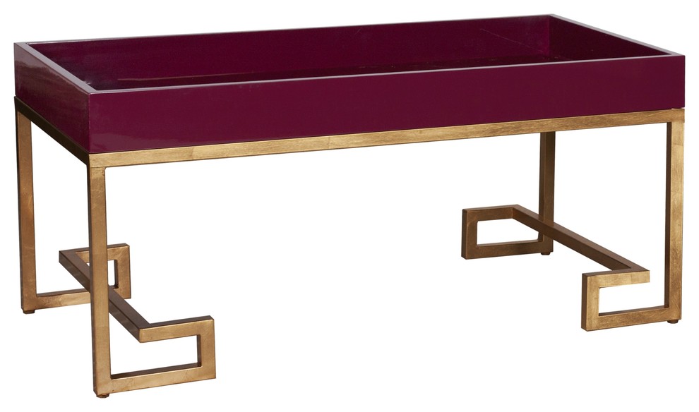 Worlds Away Oxblood Lacquer Tray Coffee Table with Gold Leaf Greek Key Base CONR