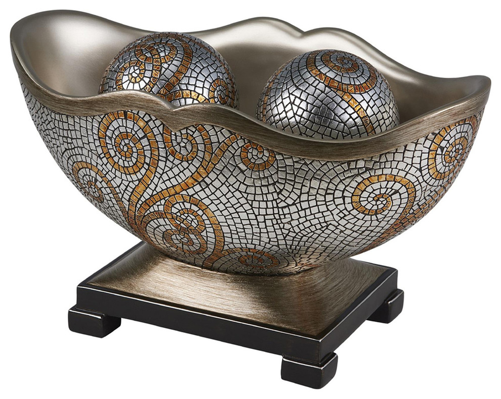 Elegant Golden Mosaic Decorative Bowl With Spheres Contemporary
