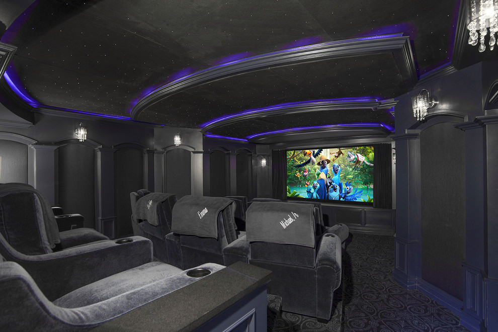 Design ideas for a large transitional home theatre in Detroit with blue walls and carpet.