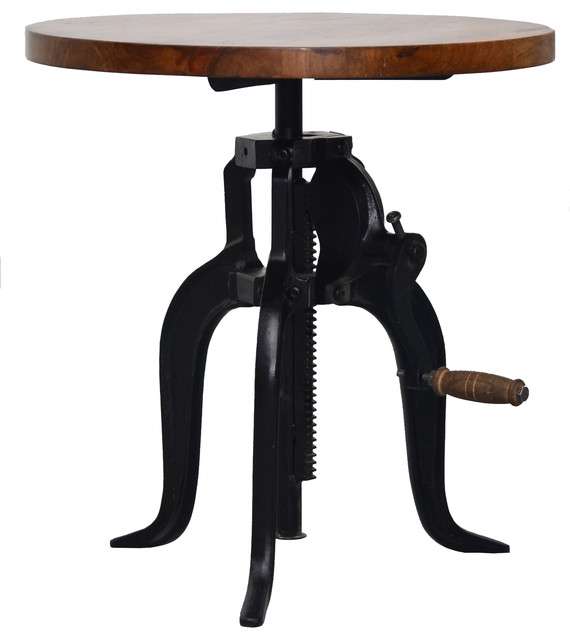 Adjustable Crank Side Table, Mango Wood and Cast Iron Industrial Side Tables And End Tables