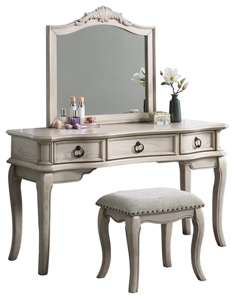 Poundex Furniture Wood Vanity Set with Stool and Mirror in Gray Color