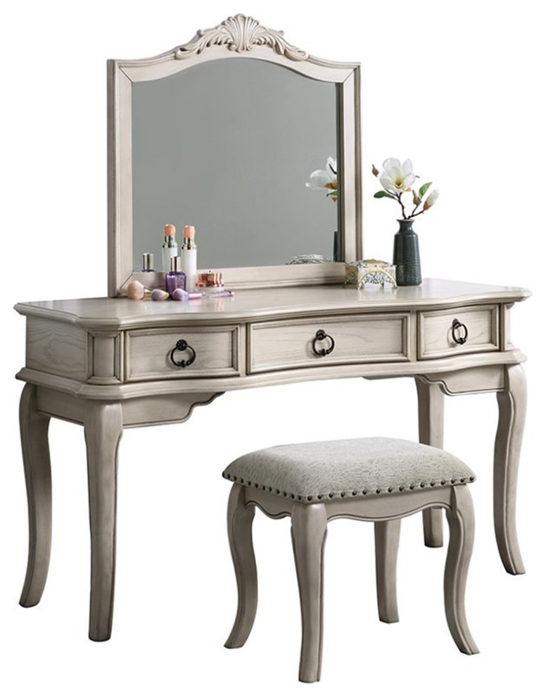 Poundex Wood Vanity Set with Stool and Mirror in Antique White