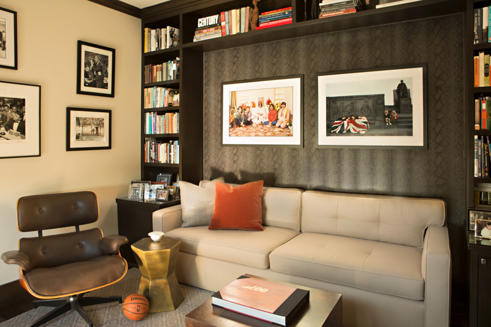 Inspiration for a mid-sized modern study room in Los Angeles with beige walls and dark hardwood floors.