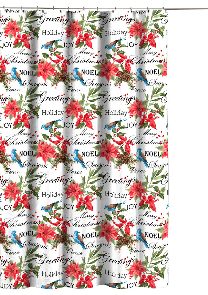 Joyful Holiday Fabric Shower Curtain Christmas Vintage Poinsettias on