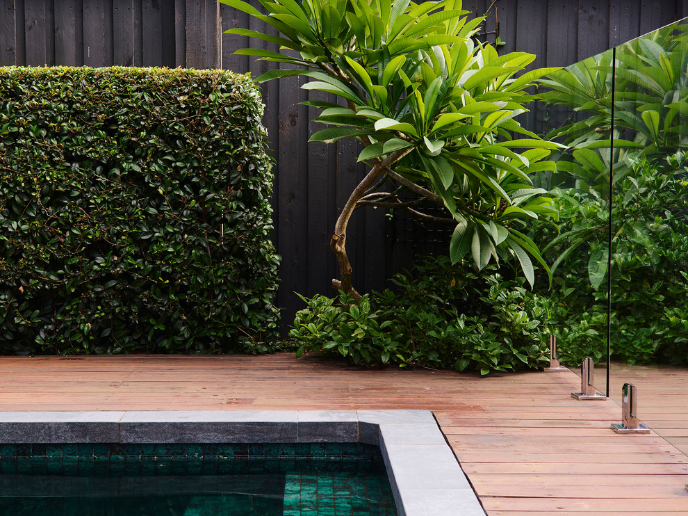 Inspiration for a large contemporary backyard rectangular lap pool in Sydney with decking.