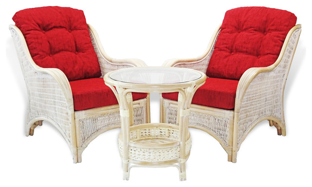 Jam Rattan Wicker Living Set 3pc Coffee Table 2 Chairs w//Cushions 3 Colors