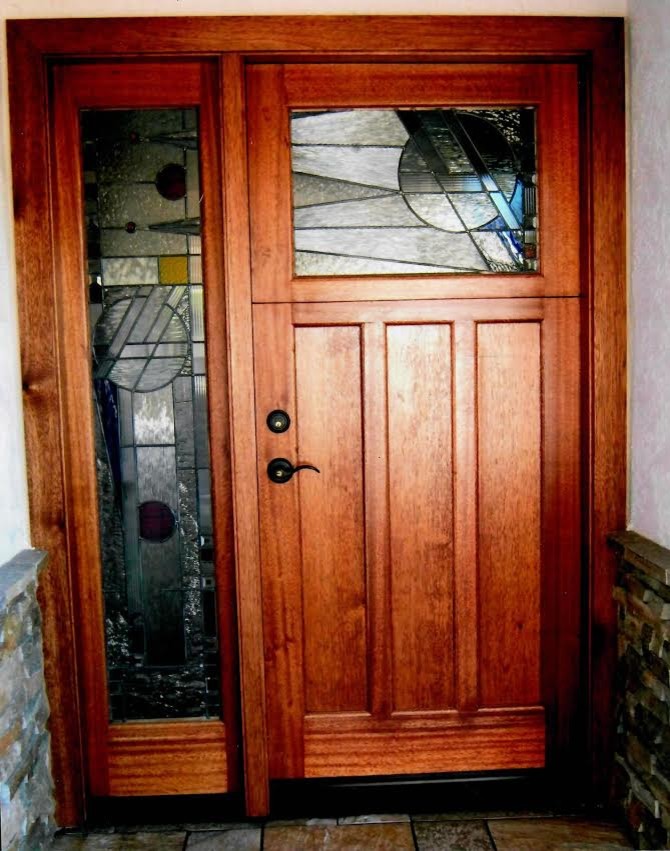 Mid-sized transitional front door in Orange County with white walls, slate floors, a dutch front door, a medium wood front door and multi-coloured floor.