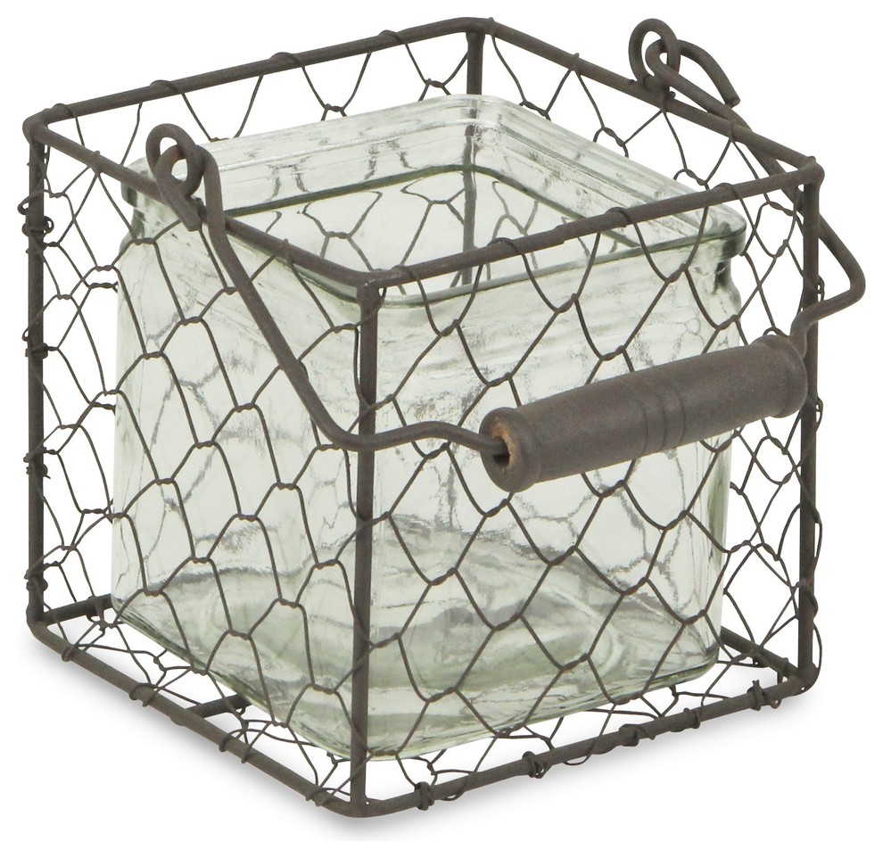Square Wire Basket With Glass Jar, Brown, Large, Medium