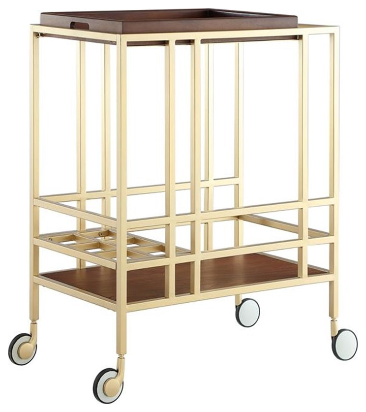 Posh Living Biony Modern Metal Bar Cart with Wheels in Bar Cart Gold/Walnut