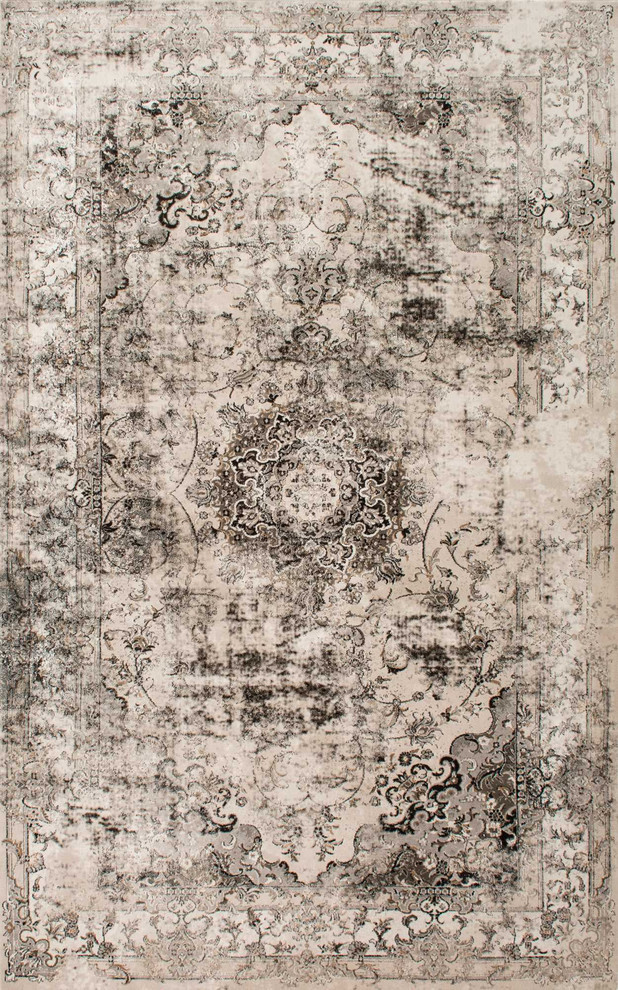 Faded Crowned Rosette Area Rug, Ivory, 5'x8'