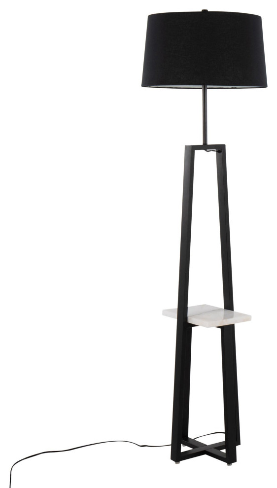 Cosmo Shelf Floor Lamp, White Marble/Black Metal With Black Linen Shade