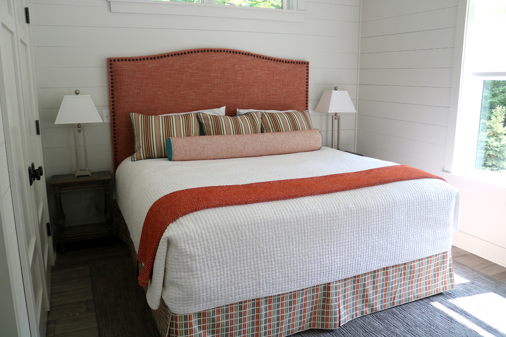 Inspiration for a transitional guest dark wood floor and gray floor bedroom remodel with white walls
