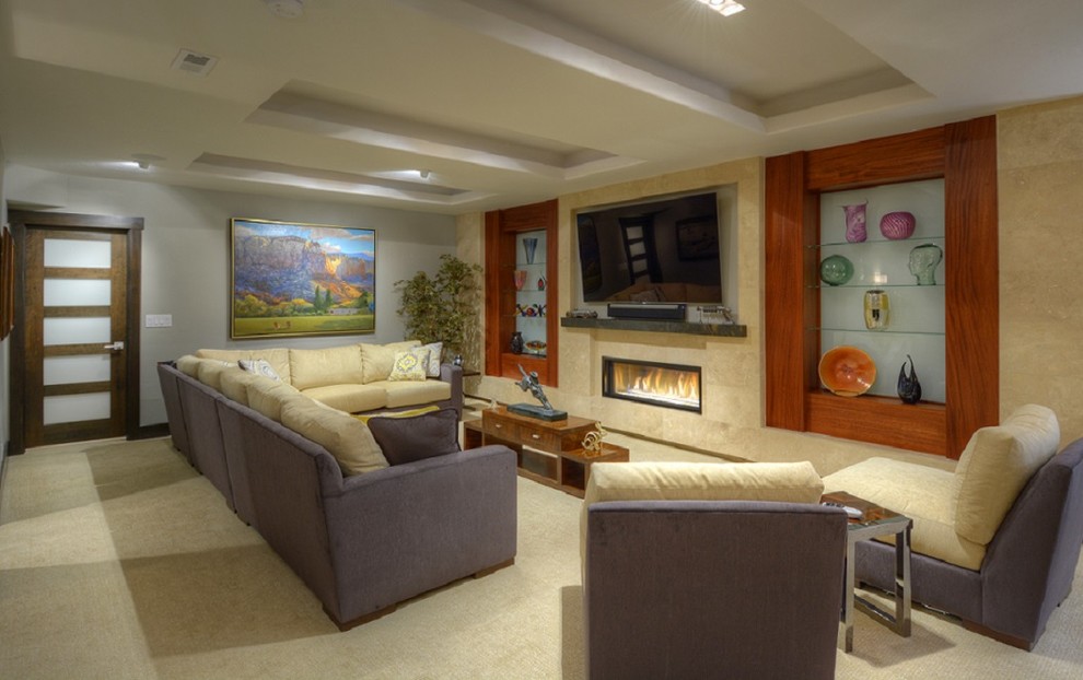 Mid-sized contemporary open concept family room in Other with a home bar, grey walls, carpet, a ribbon fireplace, a stone fireplace surround and a built-in media wall.